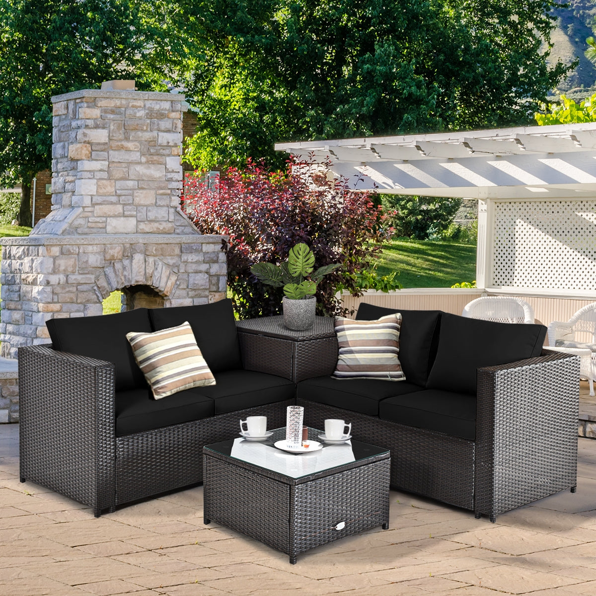 4 Pieces Outdoor Patio Rattan Furniture Set with Loveseat and Storage Box, Black Outdoor Sectionals at Gallery Canada