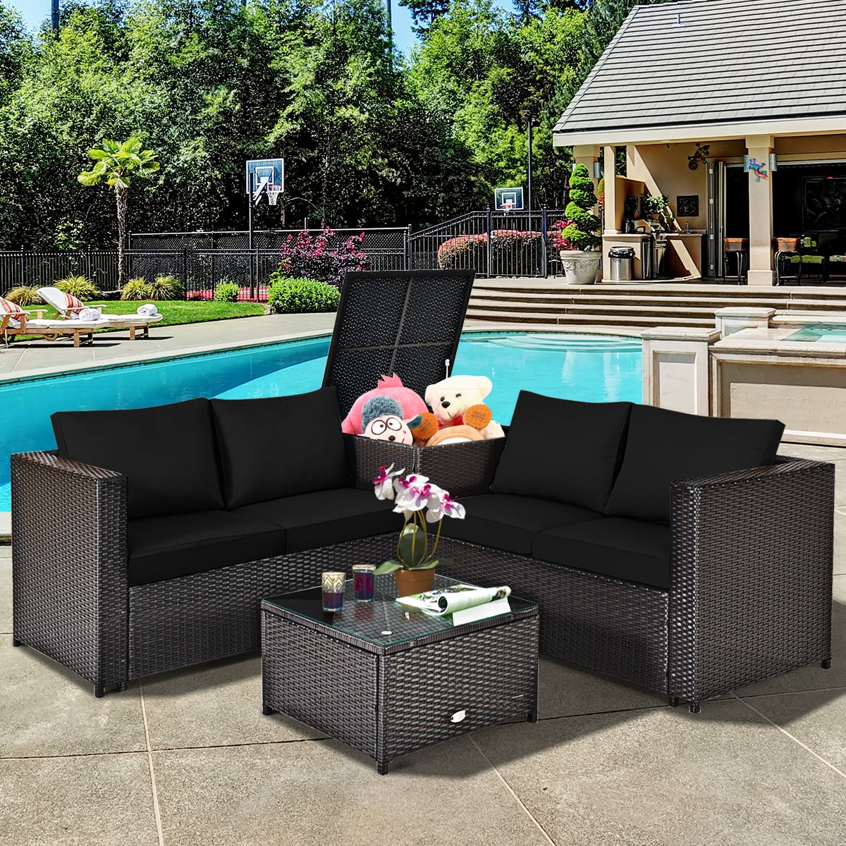 4 Pieces Outdoor Patio Rattan Furniture Set with Loveseat and Storage Box, Black Outdoor Sectionals at Gallery Canada