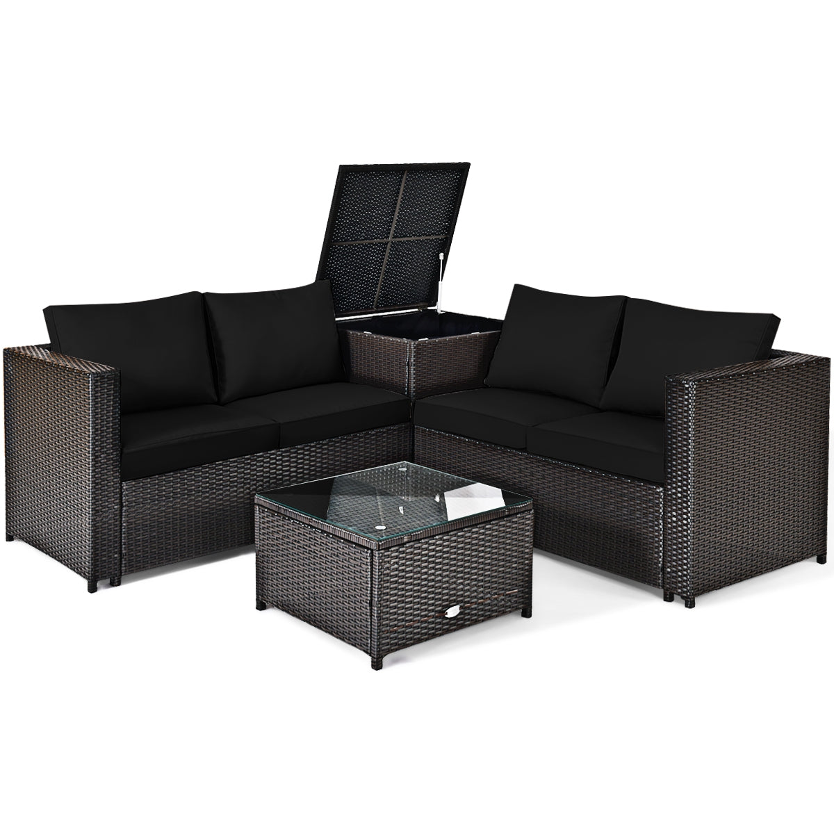 4 Pieces Outdoor Patio Rattan Furniture Set with Loveseat and Storage Box, Black Outdoor Sectionals Black at Gallery Canada