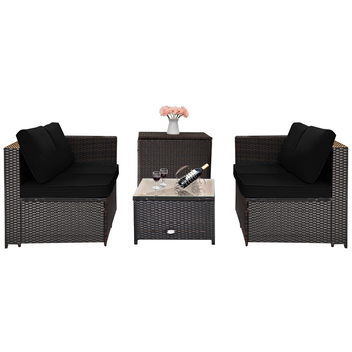 4 Pieces Outdoor Patio Rattan Furniture Set with Loveseat and Storage Box, Black Outdoor Sectionals at Gallery Canada