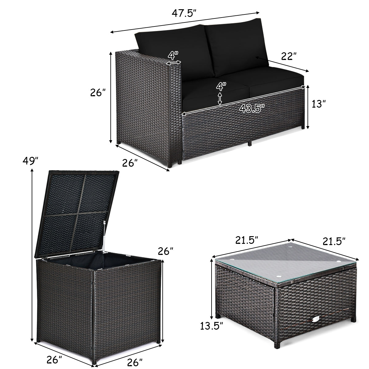 4 Pieces Outdoor Patio Rattan Furniture Set with Loveseat and Storage Box, Black Outdoor Sectionals at Gallery Canada