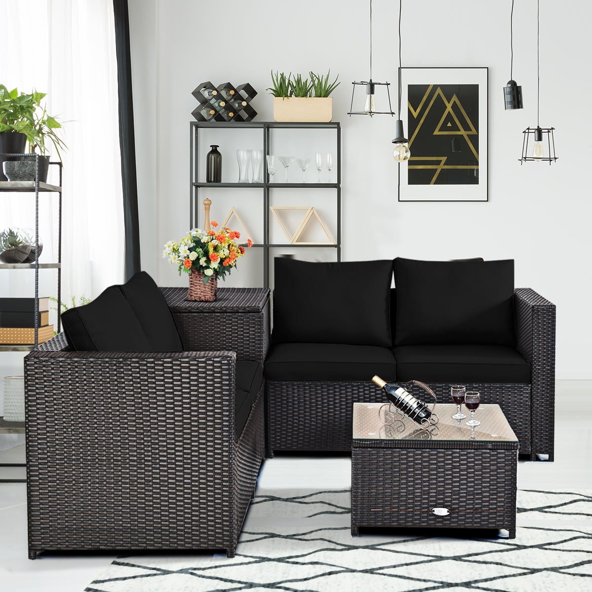 4 Pieces Outdoor Patio Rattan Furniture Set with Loveseat and Storage Box, Black Outdoor Sectionals at Gallery Canada