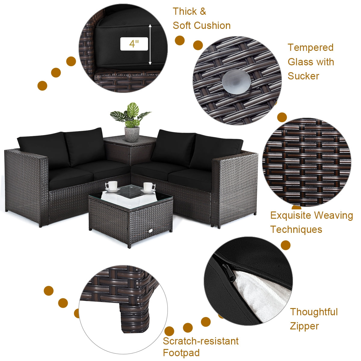 4 Pieces Outdoor Patio Rattan Furniture Set with Loveseat and Storage Box, Black Outdoor Sectionals at Gallery Canada