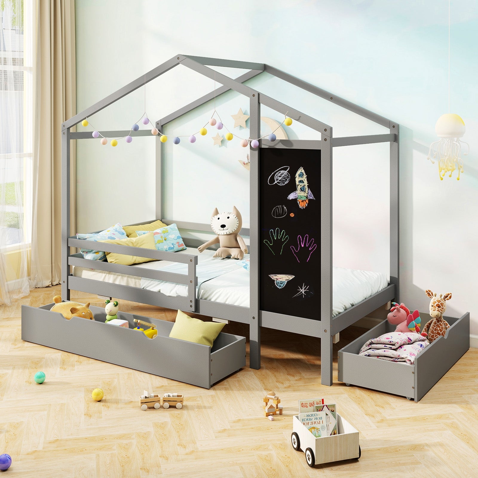 Kids Twin Size Bed with 2 Drawers Solid Wood Bed with Blackboard, Gray Toddler Beds at Gallery Canada