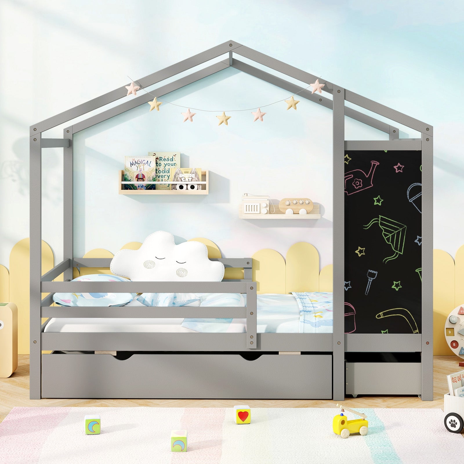 Kids Twin Size Bed with 2 Drawers Solid Wood Bed with Blackboard, Gray Toddler Beds at Gallery Canada