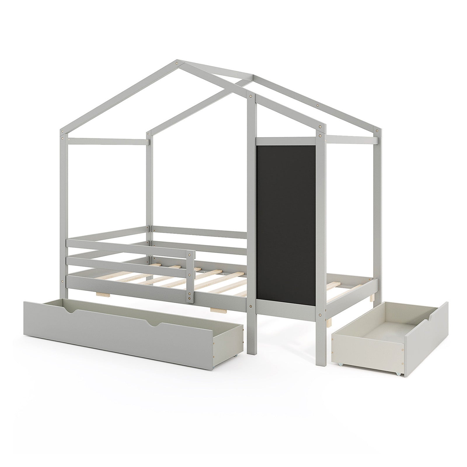 Kids Twin Size Bed with 2 Drawers Solid Wood Bed with Blackboard, Gray Toddler Beds at Gallery Canada