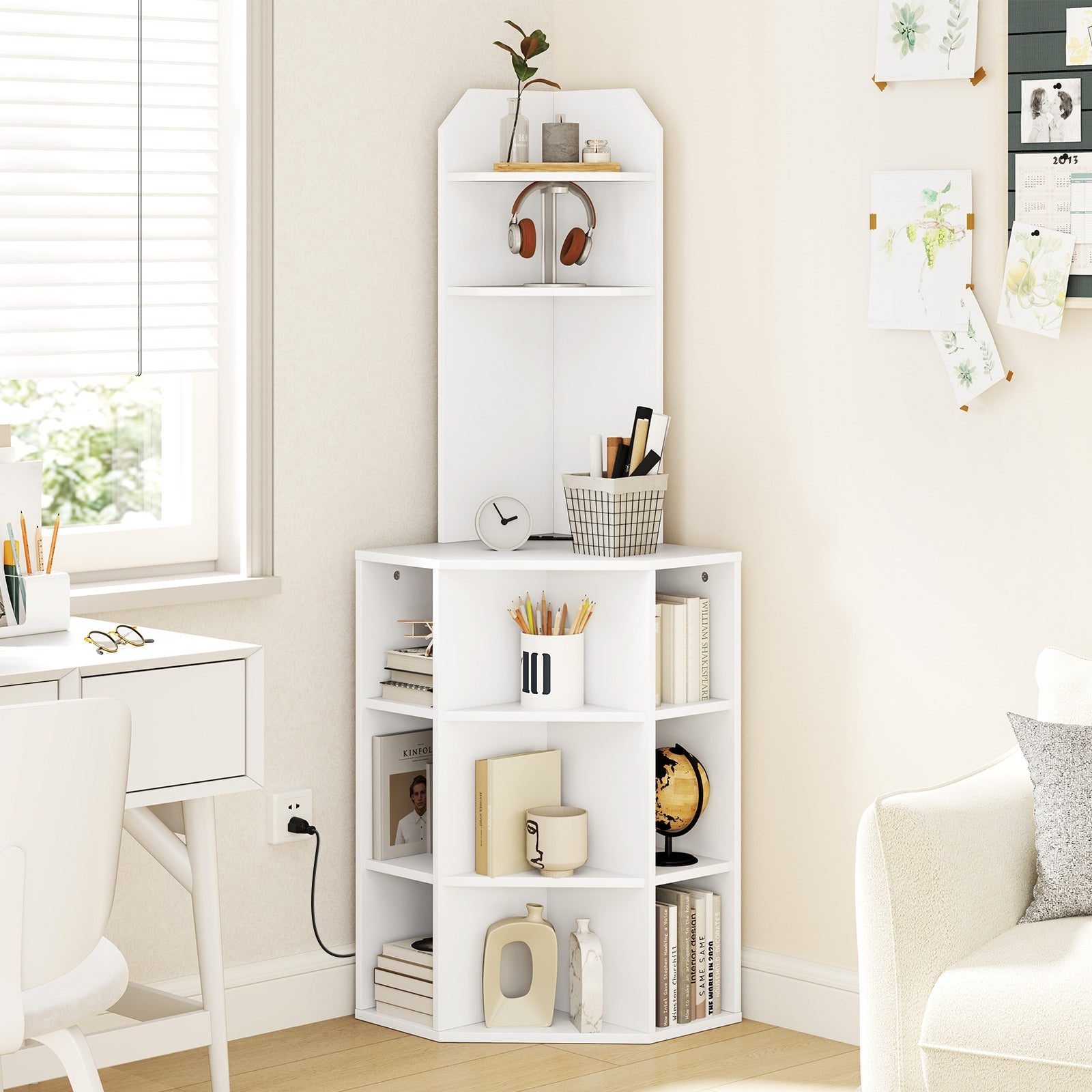 6-Tier Corner Shelf with Charging Station and 2 USB Ports, White Corner Desks at Gallery Canada