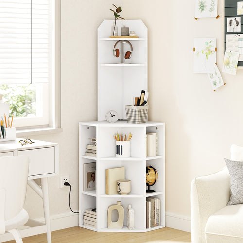 6-Tier Corner Shelf with Charging Station and 2 USB Ports, White