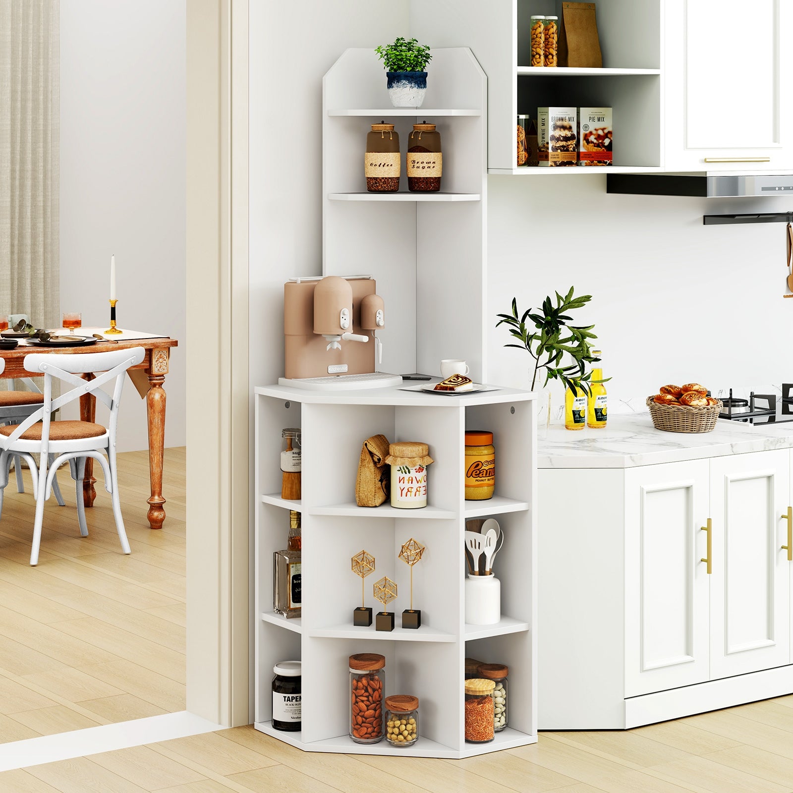 6-Tier Corner Shelf with Charging Station and 2 USB Ports, White Corner Desks at Gallery Canada