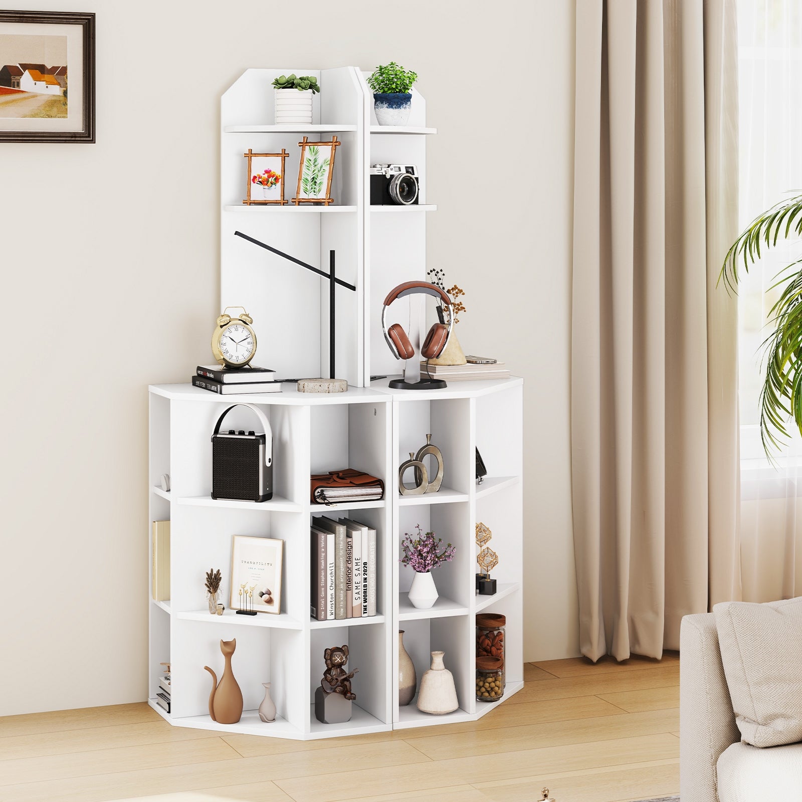 6-Tier Corner Shelf with Charging Station and 2 USB Ports, White Corner Desks at Gallery Canada