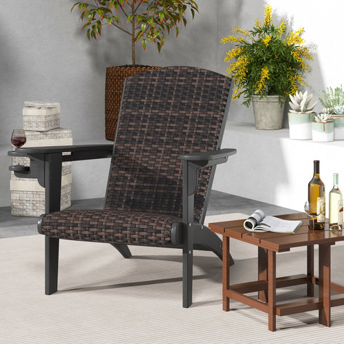 Patio Adirondack Chair with Rattan Padded Seat and Hidden Cupholder, Black