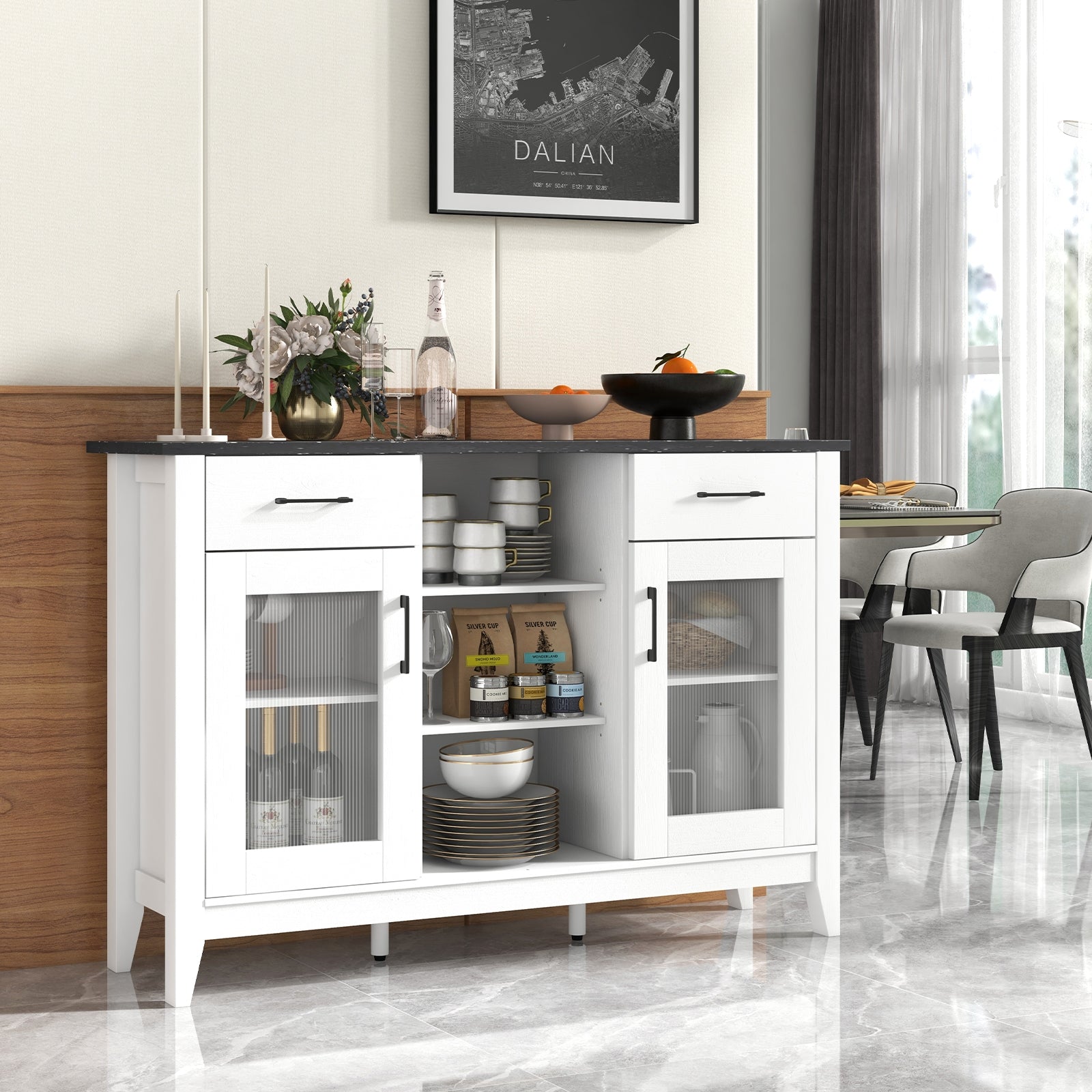 Sideboard Buffet Cabinet with 2 Drawers and 4 Adjustable Shelves, White Sideboards Cabinets & Buffets at Gallery Canada