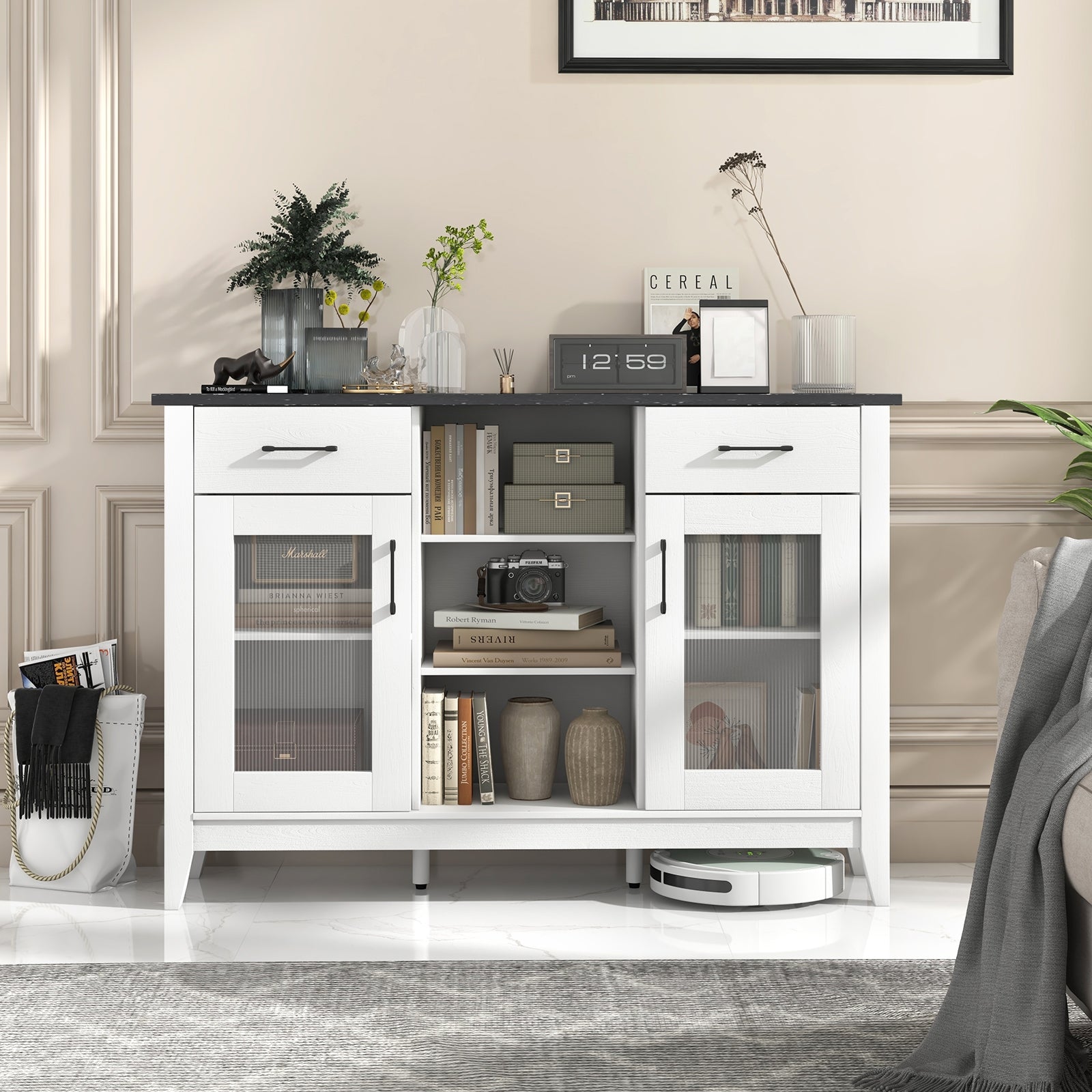 Sideboard Buffet Cabinet with 2 Drawers and 4 Adjustable Shelves, White Sideboards Cabinets & Buffets at Gallery Canada