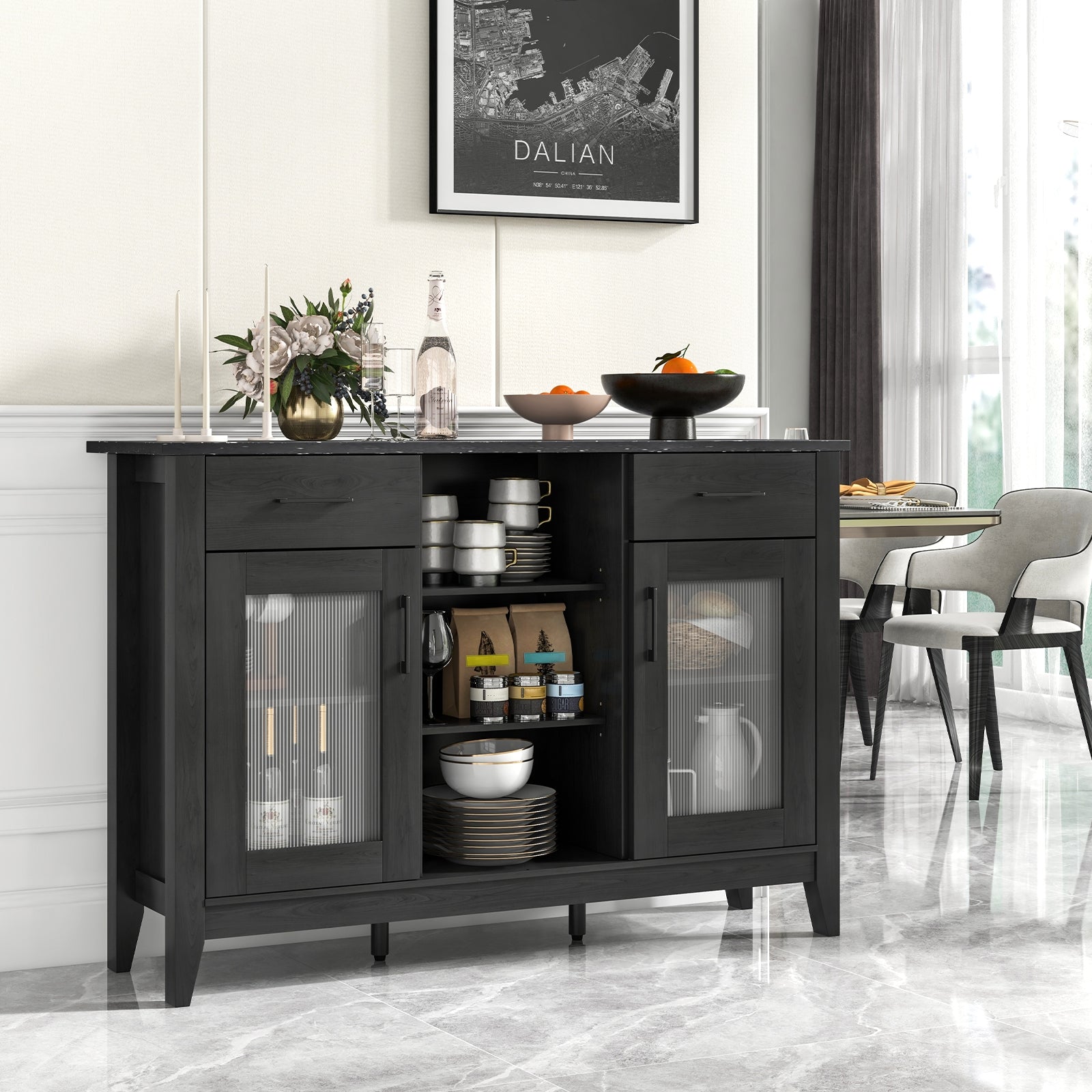 Sideboard Buffet Cabinet with 2 Drawers and 4 Adjustable Shelves, Black Sideboards Cabinets & Buffets at Gallery Canada