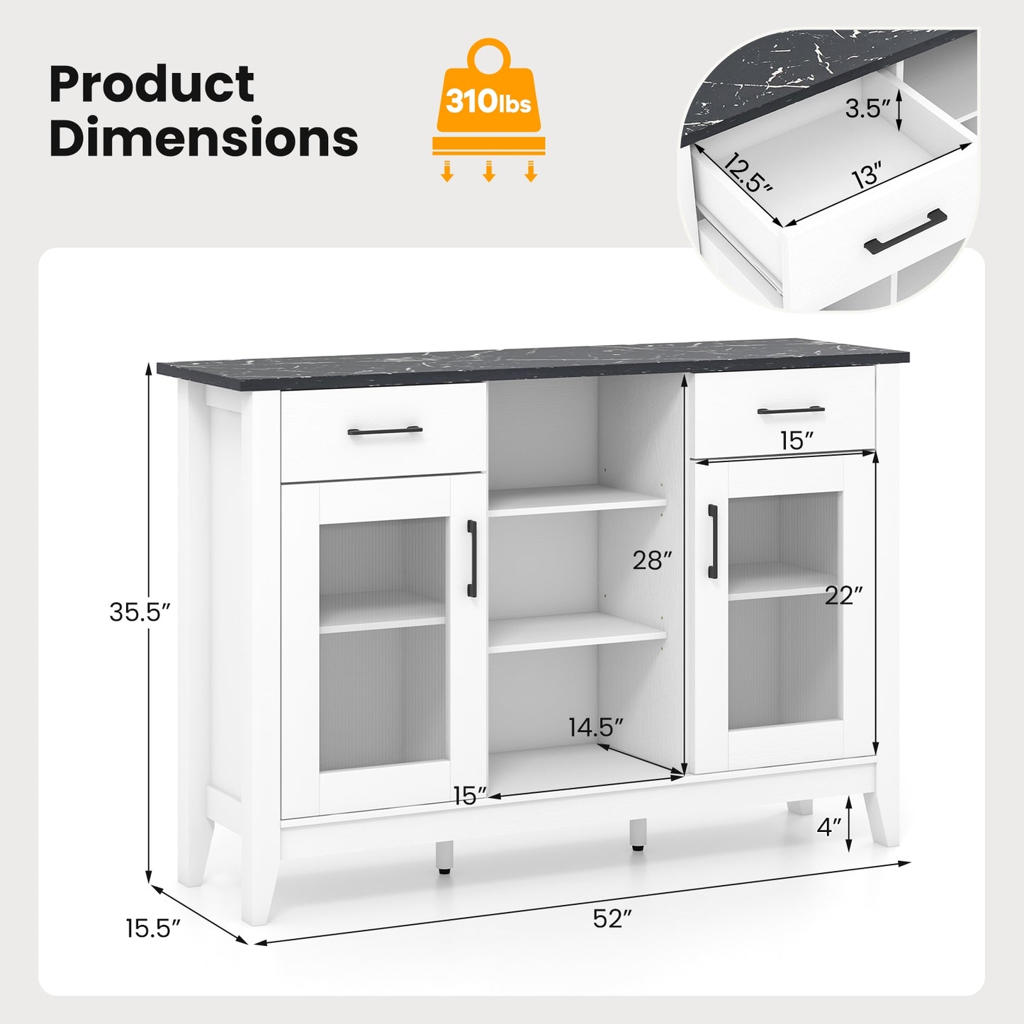 Sideboard Buffet Cabinet with 2 Drawers and 4 Adjustable Shelves, White Sideboards Cabinets & Buffets at Gallery Canada