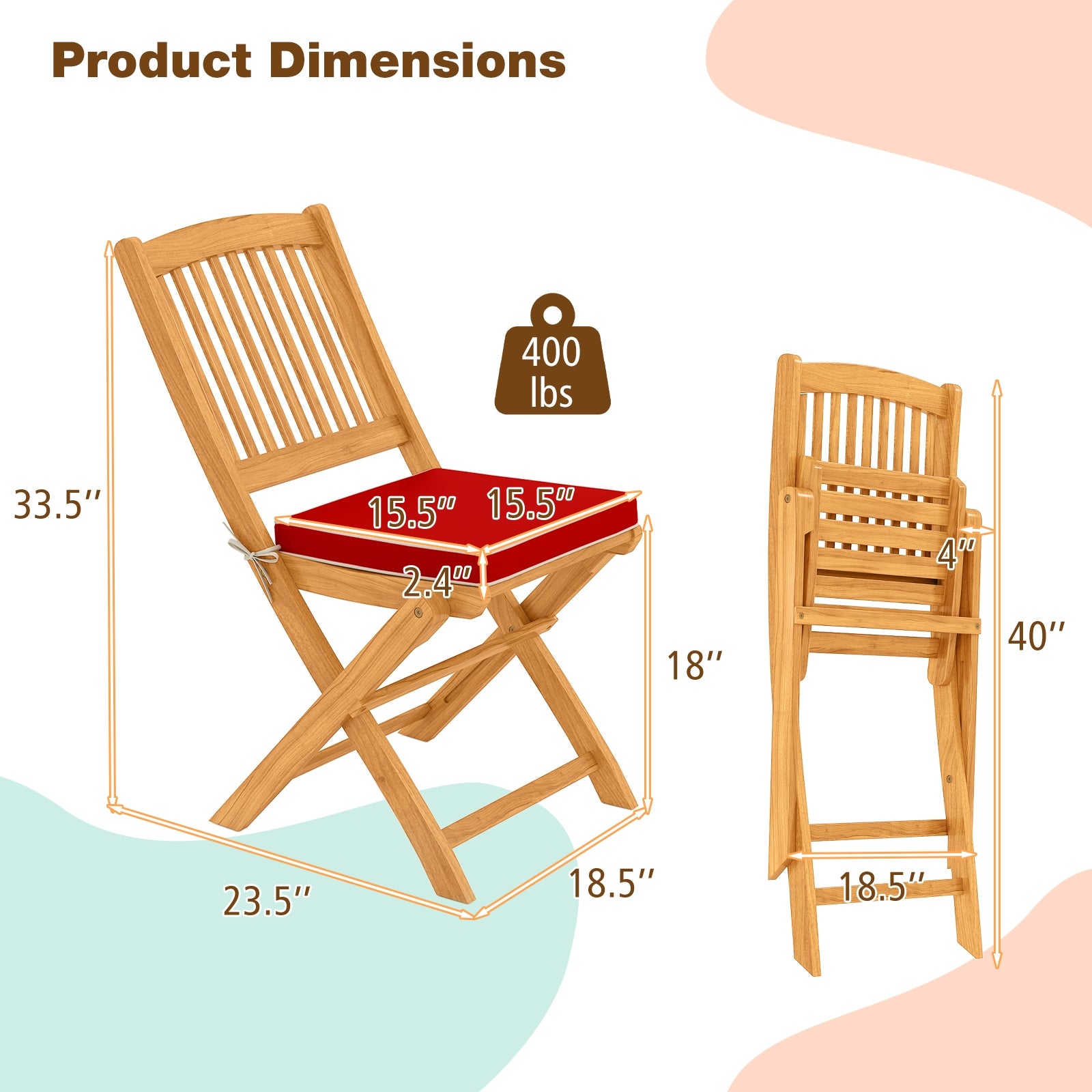 Outdoor Folding Chairs with Seat Cushions Set of 2, Red Patio Dining Chairs at Gallery Canada