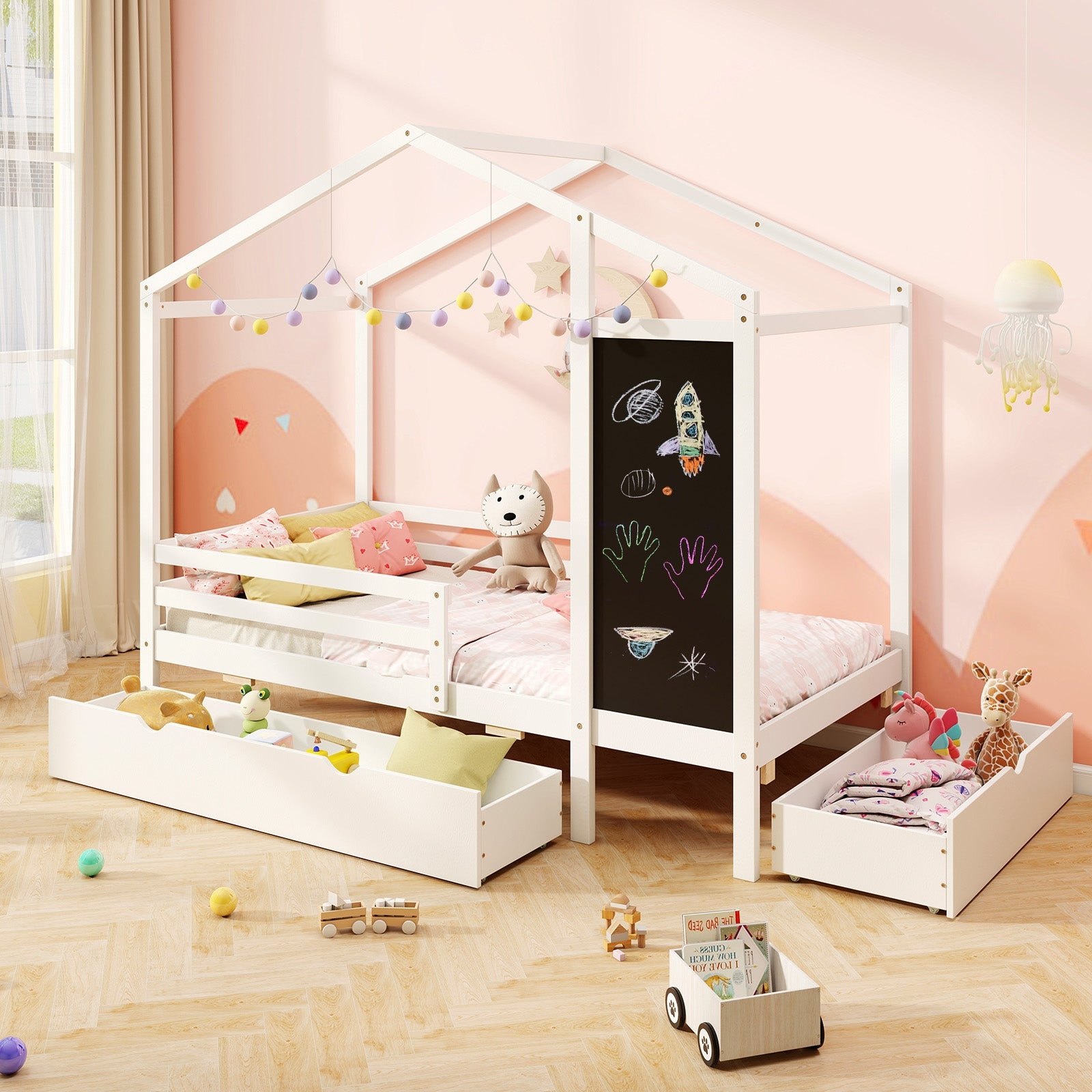 Kids Twin Size Bed with 2 Drawers Solid Wood Bed with Blackboard, White Toddler Beds at Gallery Canada