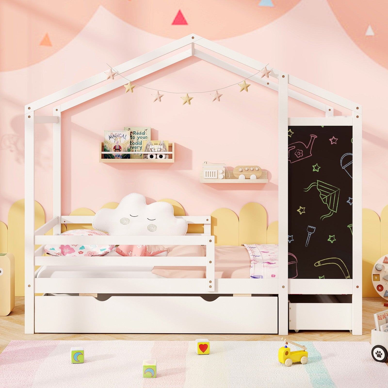 Kids Twin Size Bed with 2 Drawers Solid Wood Bed with Blackboard, White Toddler Beds at Gallery Canada