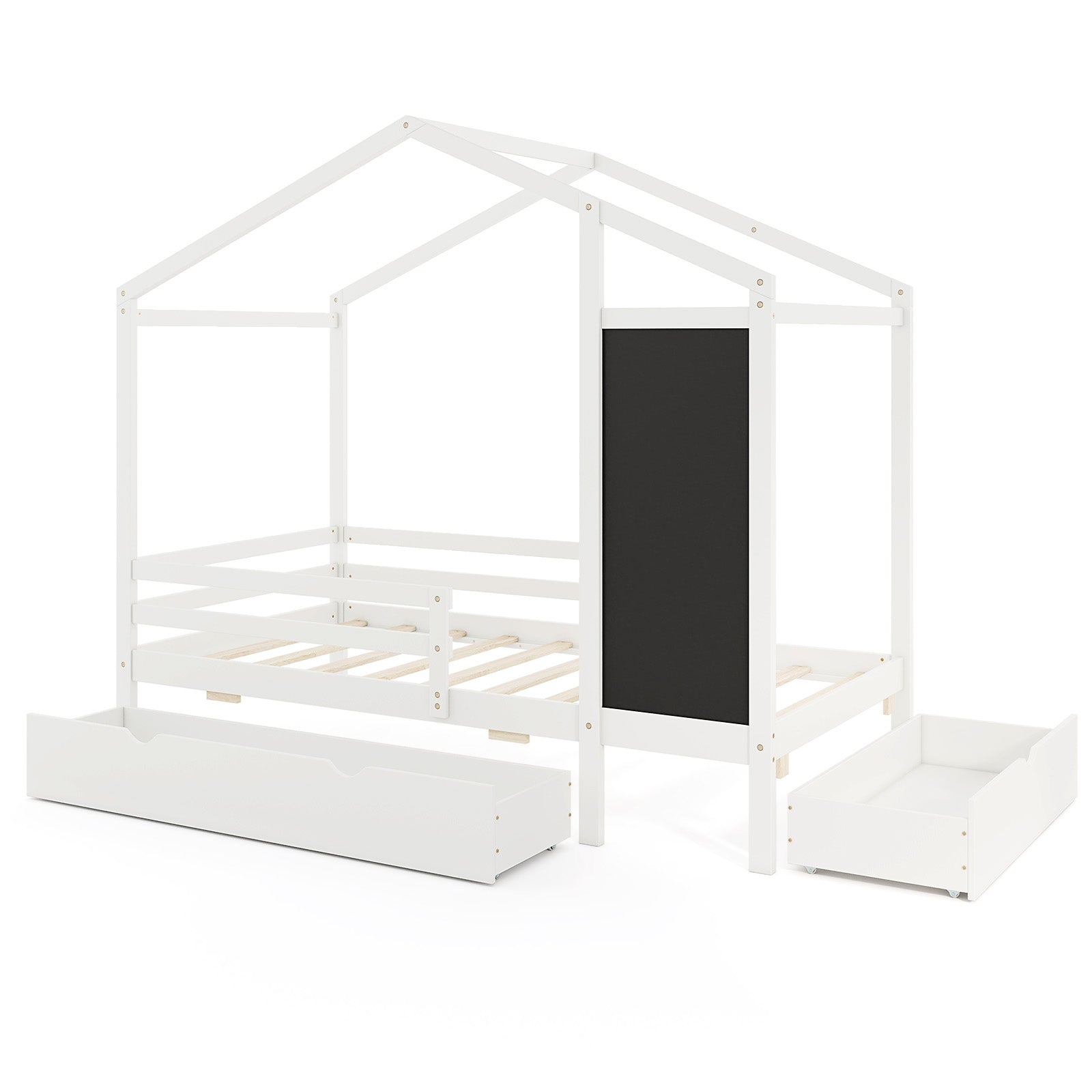 Kids Twin Size Bed with 2 Drawers Solid Wood Bed with Blackboard, White Toddler Beds at Gallery Canada