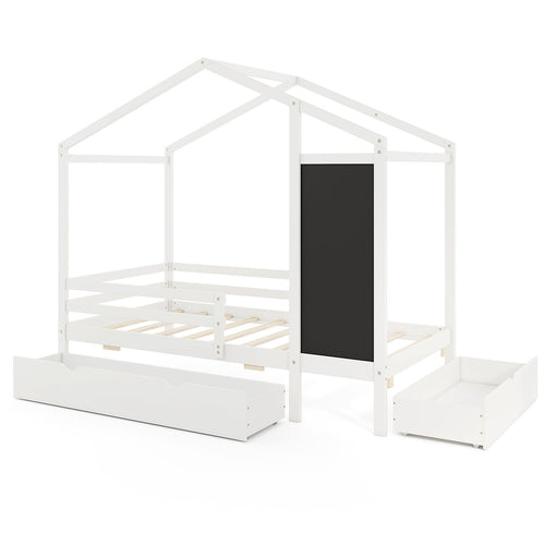 Kids Twin Size Bed with 2 Drawers Solid Wood Bed with Blackboard, White