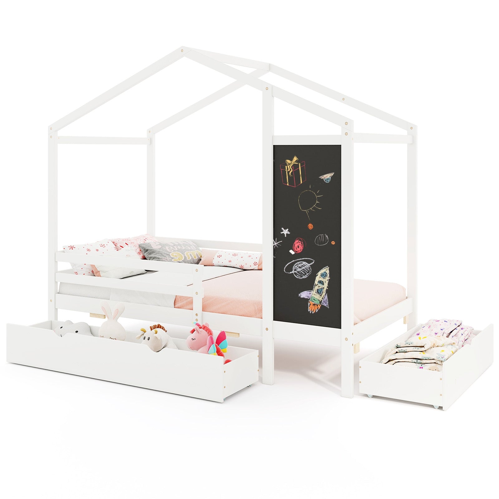 Kids Twin Size Bed with 2 Drawers Solid Wood Bed with Blackboard, White Toddler Beds at Gallery Canada