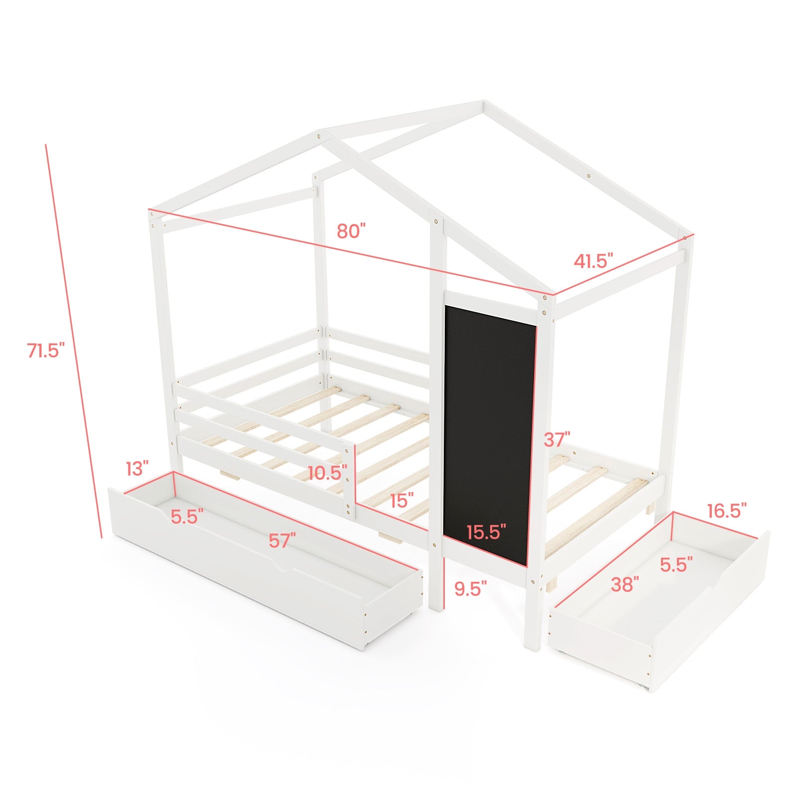 Kids Twin Size Bed with 2 Drawers Solid Wood Bed with Blackboard, White Toddler Beds at Gallery Canada