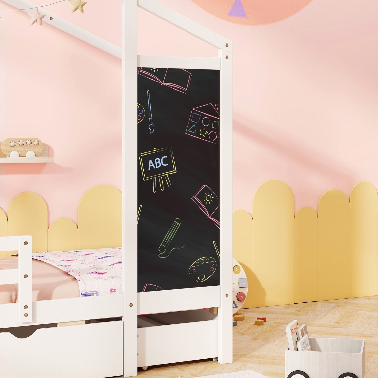 Kids Twin Size Bed with 2 Drawers Solid Wood Bed with Blackboard, White Toddler Beds at Gallery Canada
