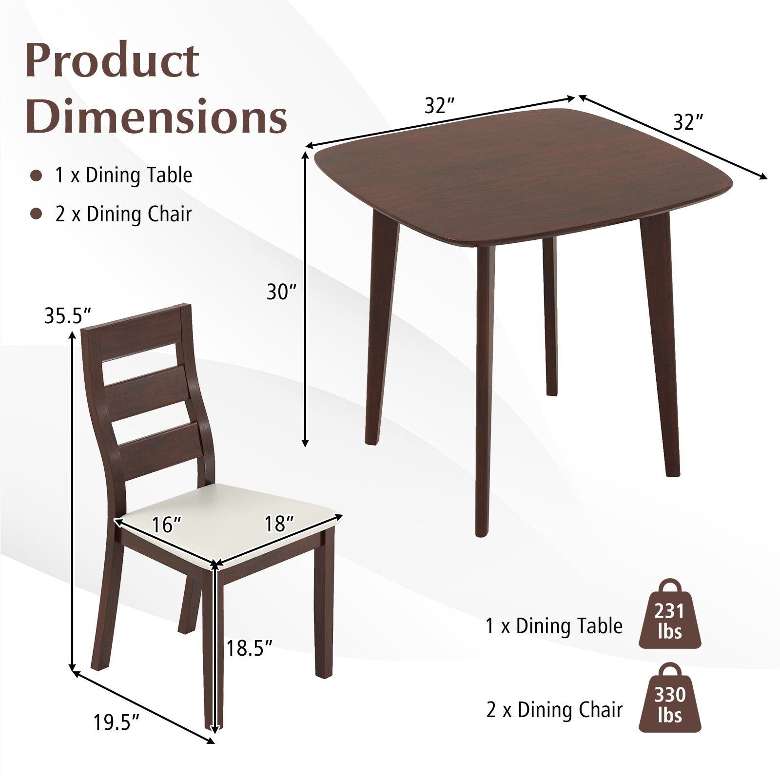 3-Piece Dining Table Set with Wooden Square Kitchen Table and 2 Chairs, Walnut Dining Room Sets at Gallery Canada