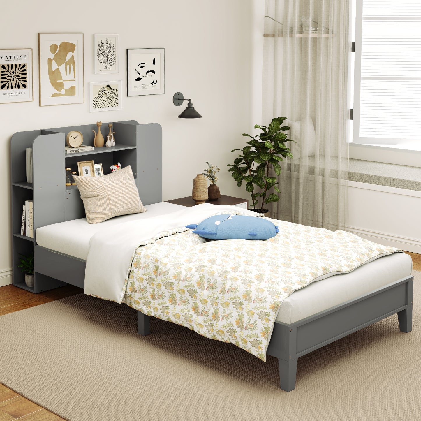 Twin Size Wooden Platform Bed Frame with Bookcase Headboard, Gray Toddler Beds at Gallery Canada