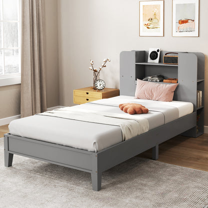 Twin Size Wooden Platform Bed Frame with Bookcase Headboard, Gray Toddler Beds at Gallery Canada