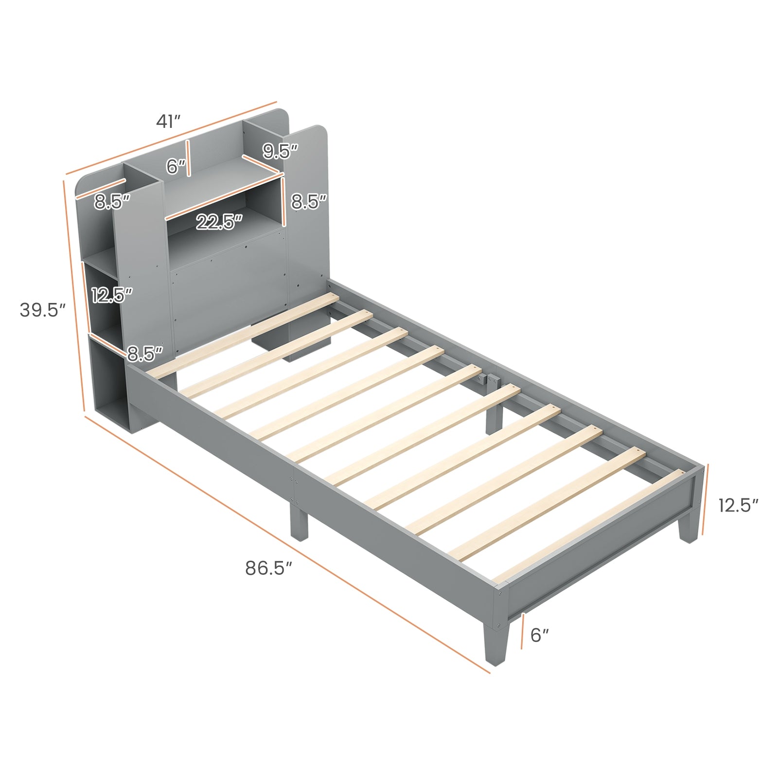 Twin Size Wooden Platform Bed Frame with Bookcase Headboard, Gray Toddler Beds at Gallery Canada