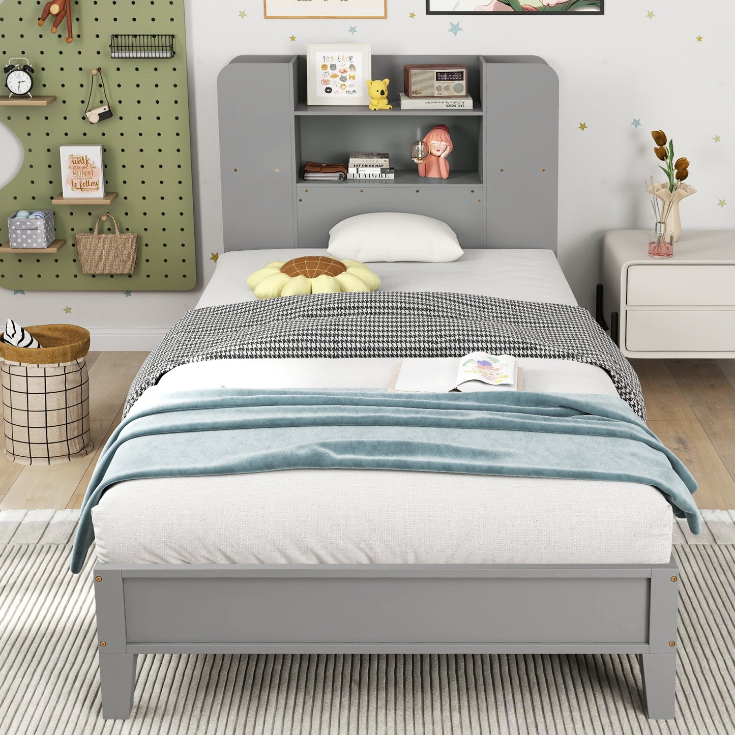 Twin Size Wooden Platform Bed Frame with Bookcase Headboard, Gray Toddler Beds at Gallery Canada