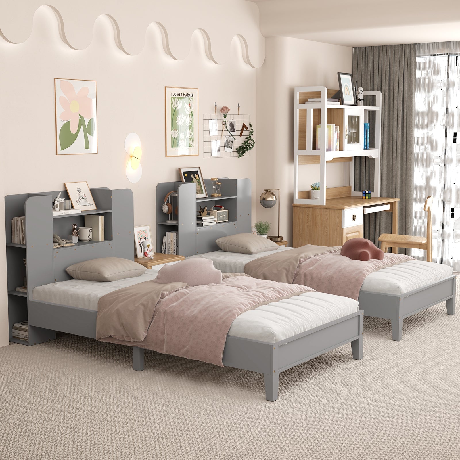 Twin Size Wooden Platform Bed Frame with Bookcase Headboard, Gray Toddler Beds at Gallery Canada