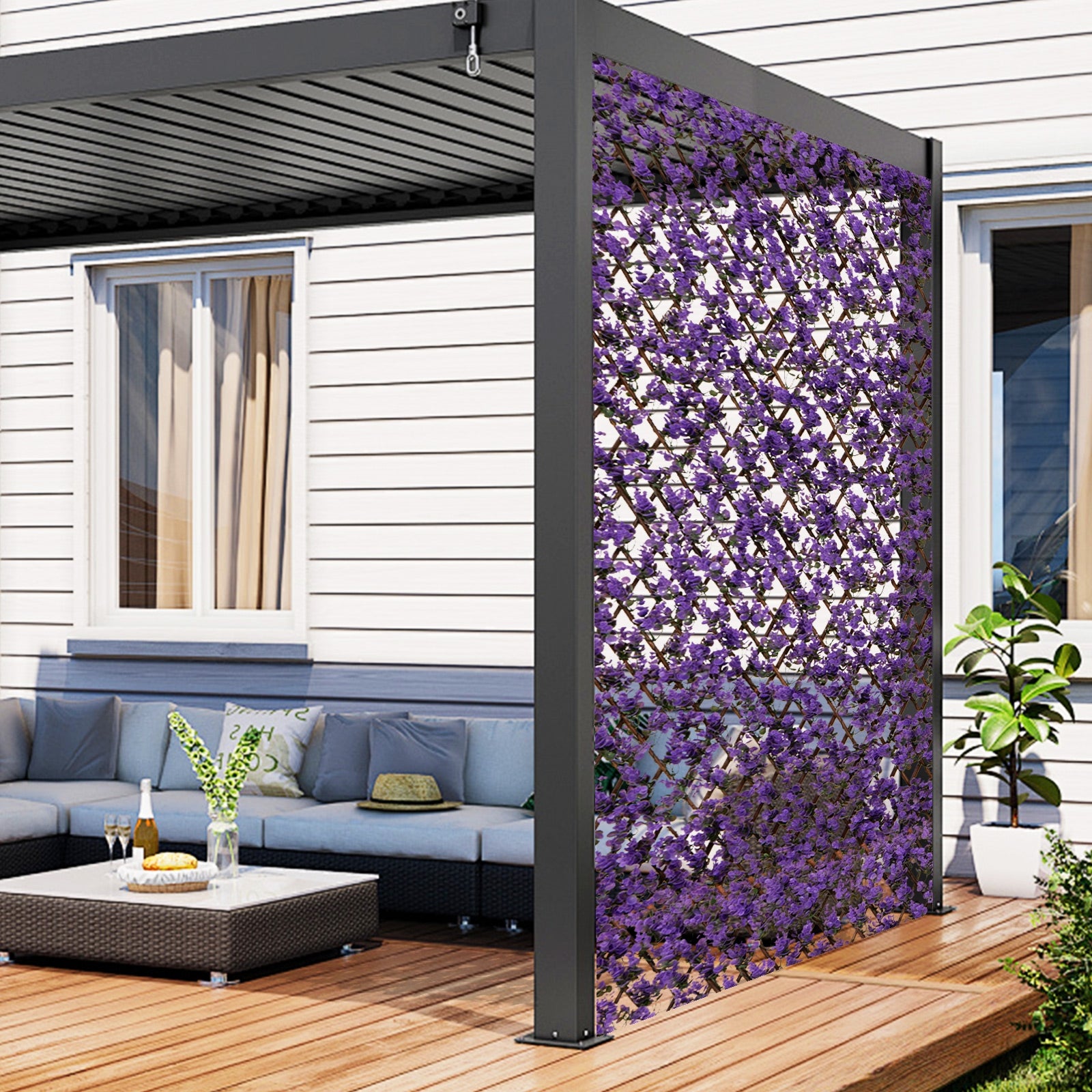 Decorative Faux Purple Eucalyptus Fencing Panel with Real Willow Frame for Balcony Patio, Purple Faux Plants at Gallery Canada