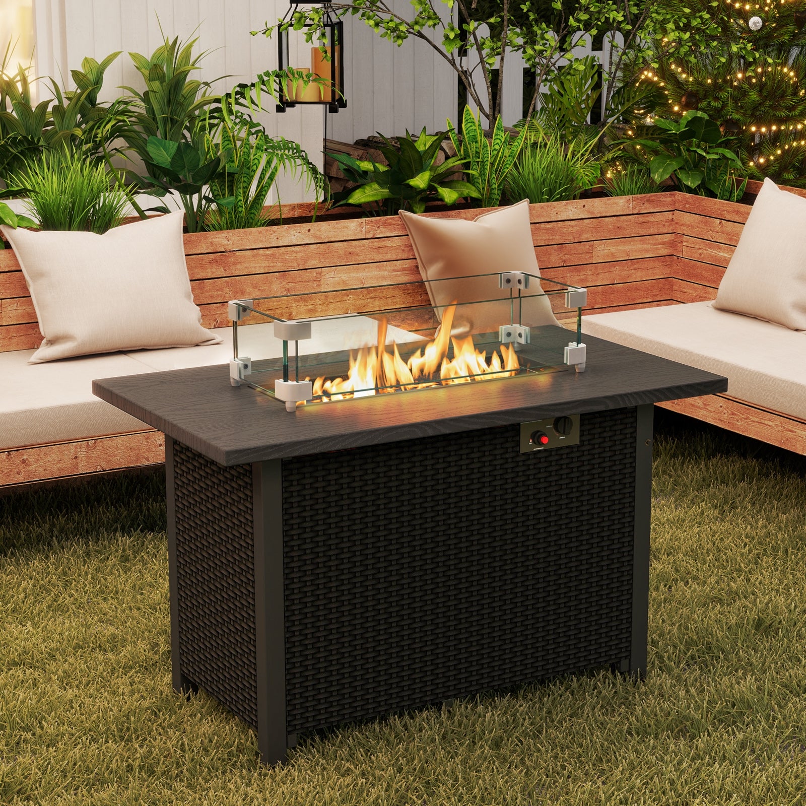 50000 BTU 2 Inch ropane Gas Fire Pit Table with Wind Guard and Glass Rocks, Black Fire Pit Tables at Gallery Canada