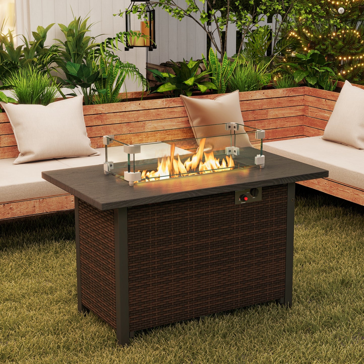 50000 BTU 2 Inch ropane Gas Fire Pit Table with Wind Guard and Glass Rocks, Brown Fire Pit Tables at Gallery Canada