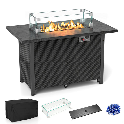 50000 BTU 2 Inch ropane Gas Fire Pit Table with Wind Guard and Glass Rocks, Black