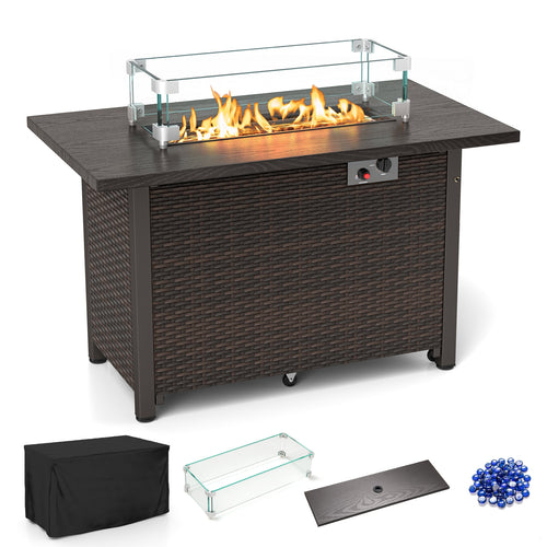 50000 BTU 2 Inch ropane Gas Fire Pit Table with Wind Guard and Glass Rocks, Brown