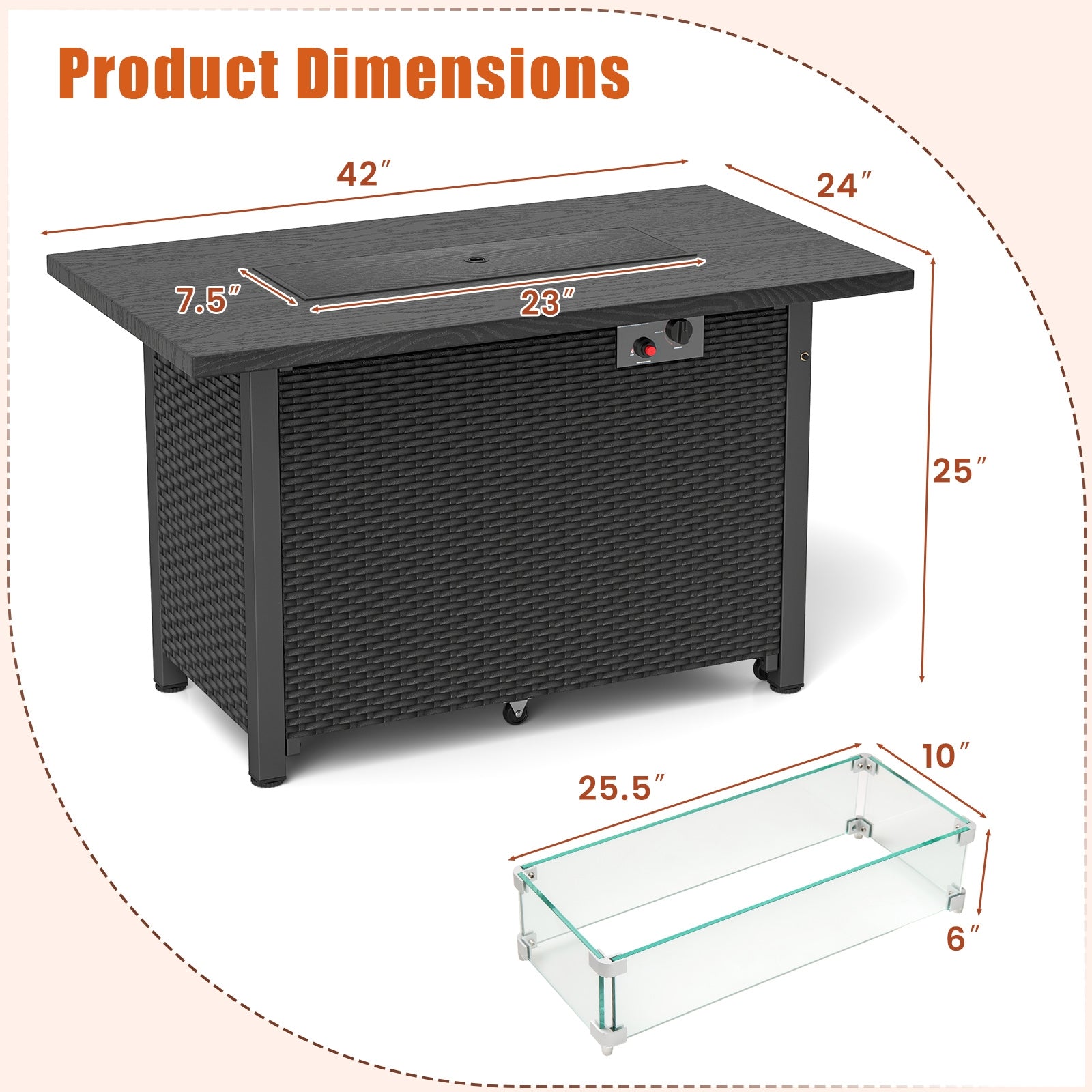50000 BTU 2 Inch ropane Gas Fire Pit Table with Wind Guard and Glass Rocks, Black Fire Pit Tables at Gallery Canada