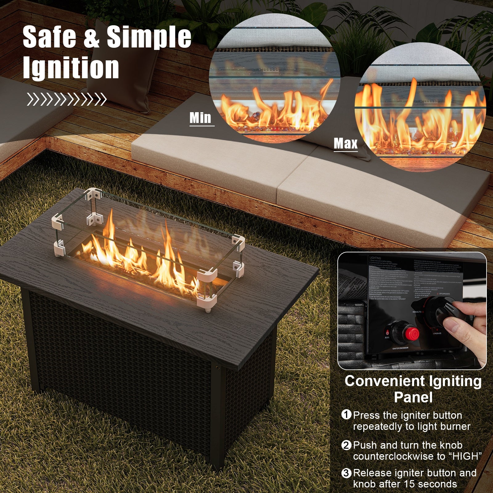50000 BTU 2 Inch ropane Gas Fire Pit Table with Wind Guard and Glass Rocks, Black Fire Pit Tables at Gallery Canada