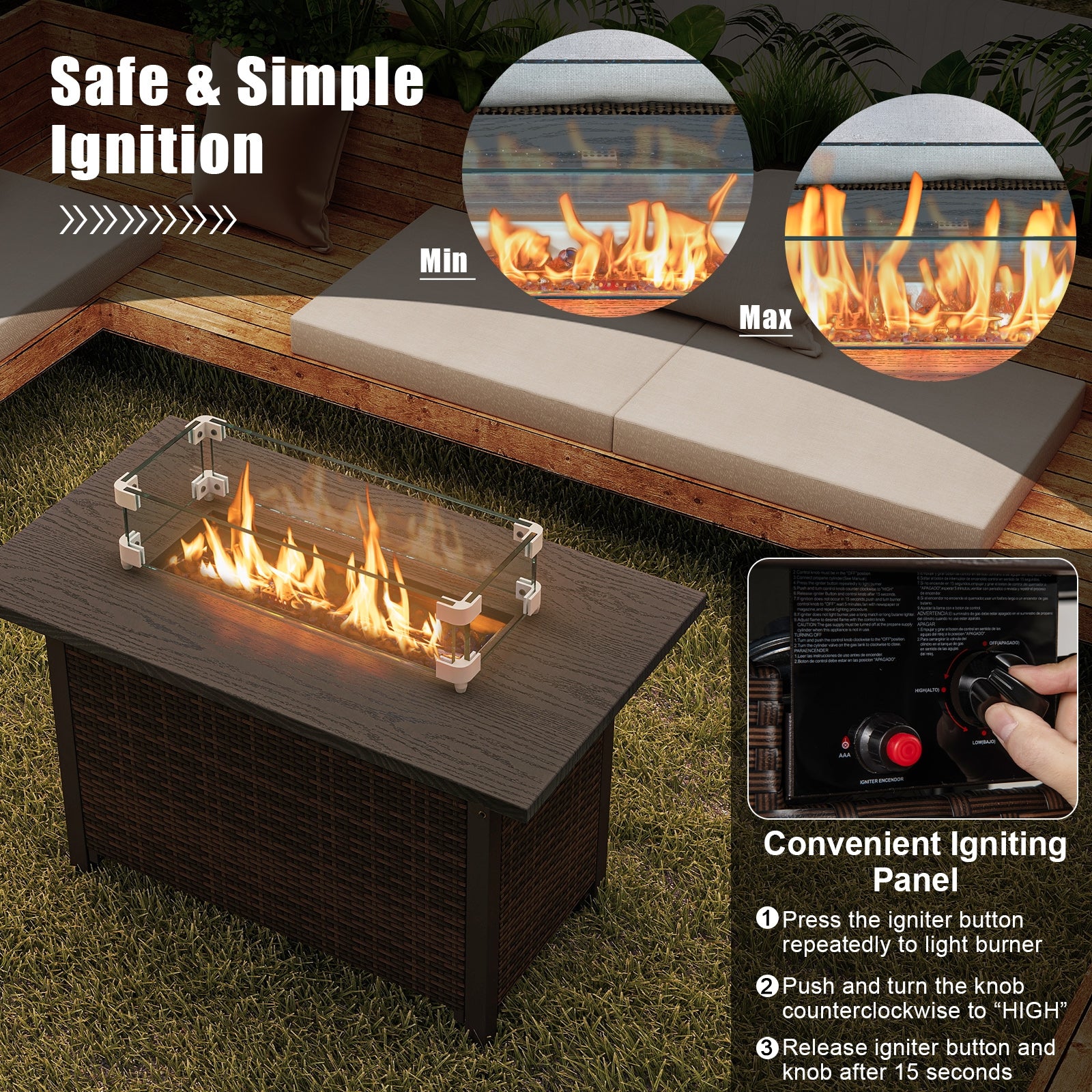 50000 BTU 2 Inch ropane Gas Fire Pit Table with Wind Guard and Glass Rocks, Brown Fire Pit Tables at Gallery Canada