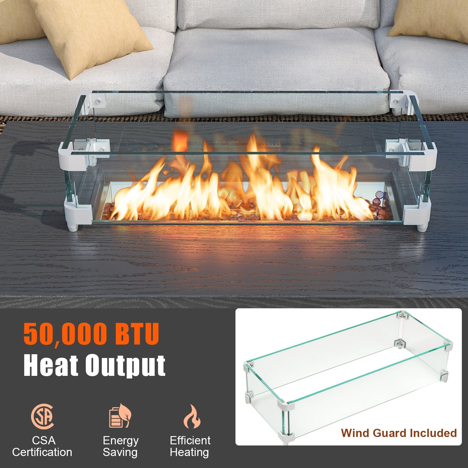 50000 BTU 2 Inch ropane Gas Fire Pit Table with Wind Guard and Glass Rocks, Black Fire Pit Tables at Gallery Canada