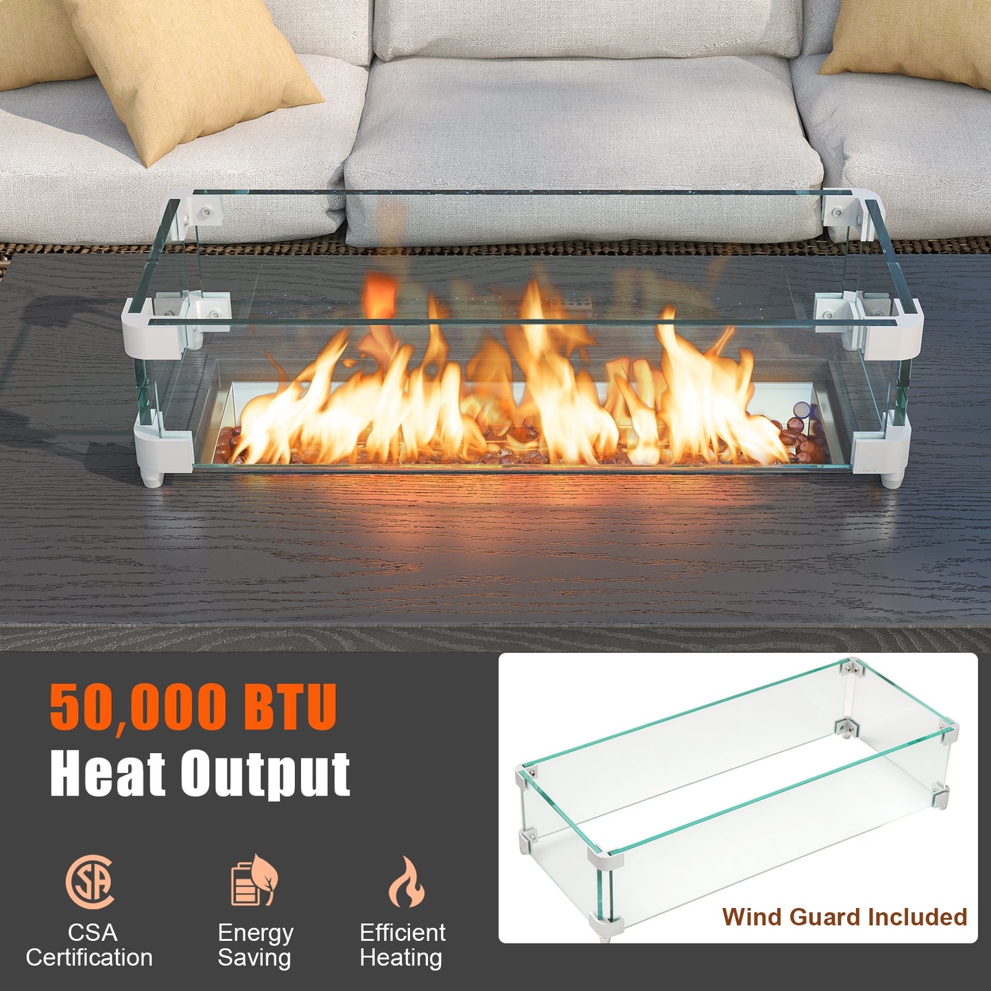 50000 BTU 2 Inch ropane Gas Fire Pit Table with Wind Guard and Glass Rocks, Brown Fire Pit Tables at Gallery Canada