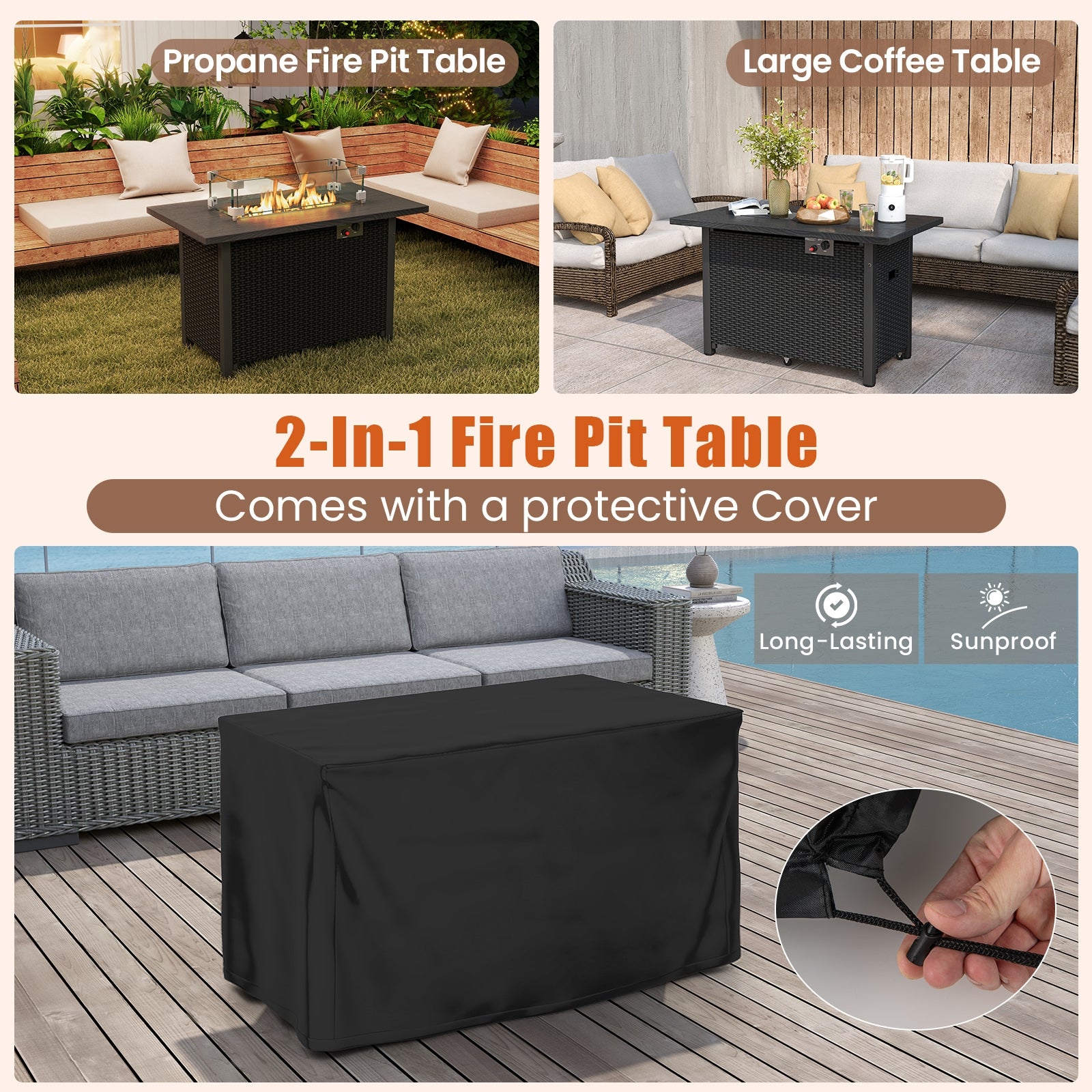 50000 BTU 2 Inch ropane Gas Fire Pit Table with Wind Guard and Glass Rocks, Black Fire Pit Tables at Gallery Canada