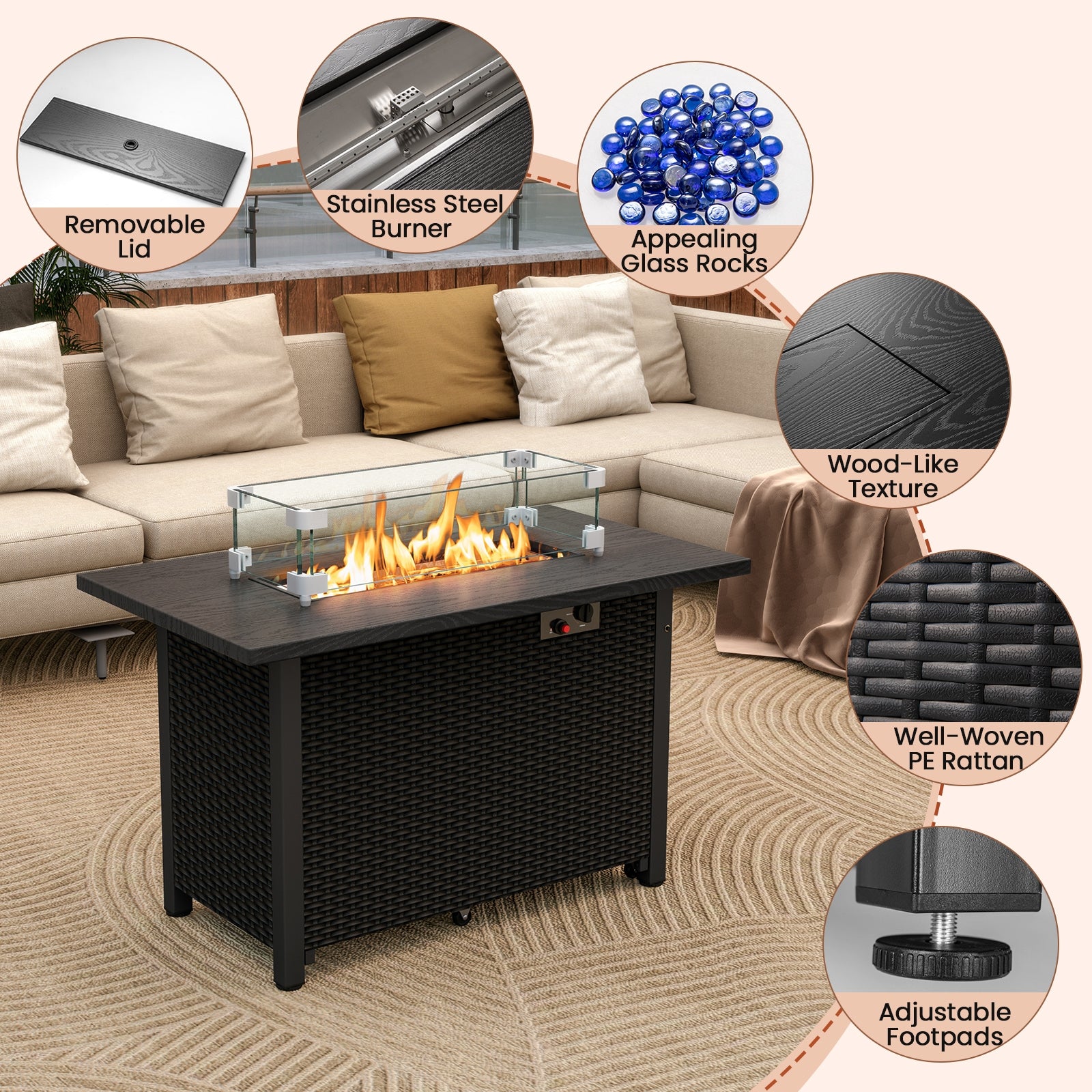 50000 BTU 2 Inch ropane Gas Fire Pit Table with Wind Guard and Glass Rocks, Black Fire Pit Tables at Gallery Canada