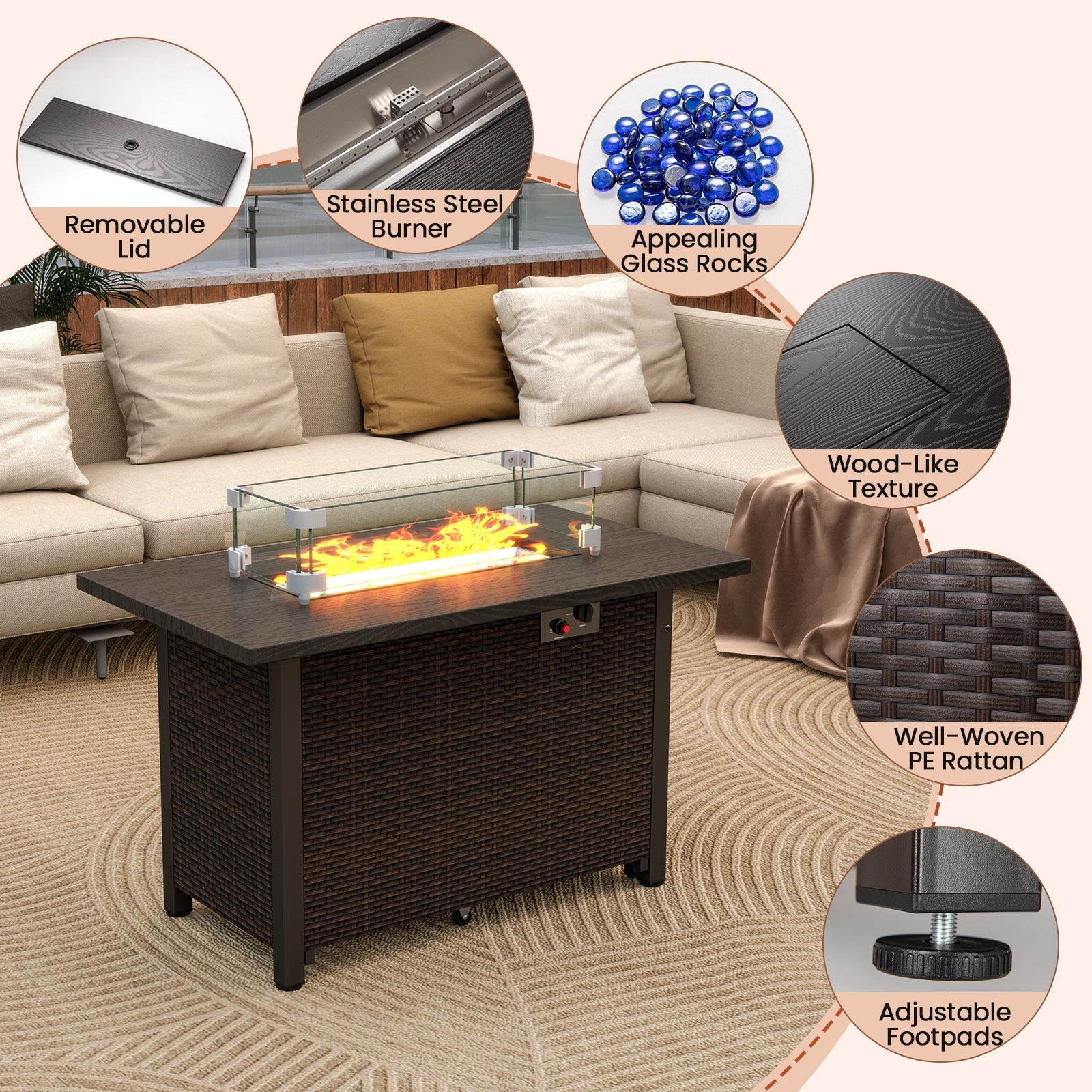 50000 BTU 2 Inch ropane Gas Fire Pit Table with Wind Guard and Glass Rocks, Brown Fire Pit Tables at Gallery Canada