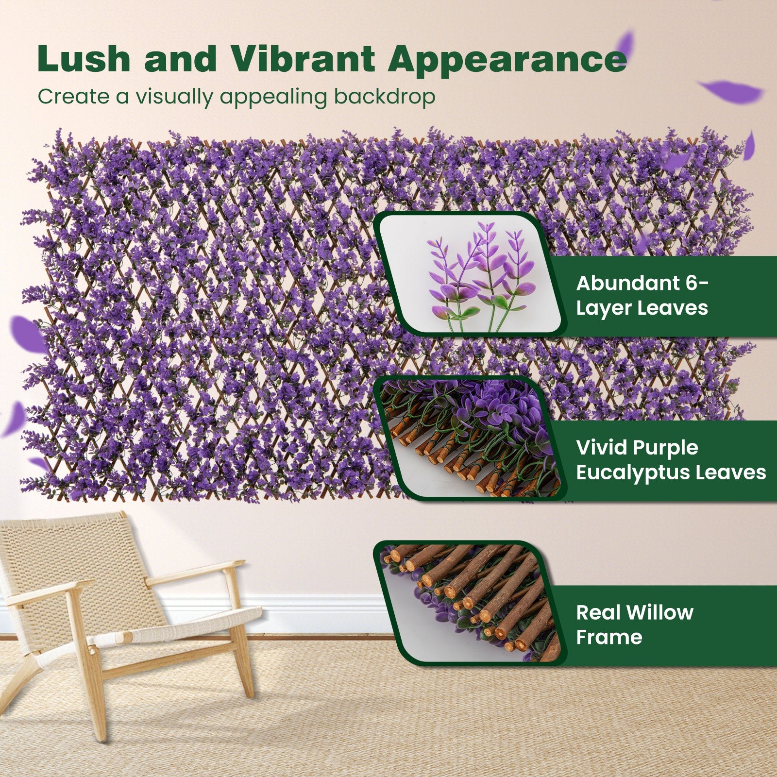 Decorative Faux Purple Eucalyptus Fencing Panel with Real Willow Frame for Balcony Patio, Purple Faux Plants at Gallery Canada