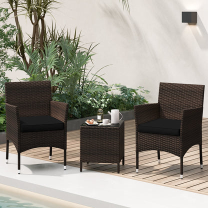 3 Pieces Outdoor Conversation Set with Cushioned Seat and Glass Tabletop, Black Patio Conversation Sets at Gallery Canada