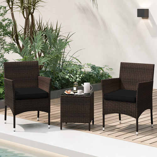 3 Pieces Outdoor Conversation Set with Cushioned Seat and Glass Tabletop, Black