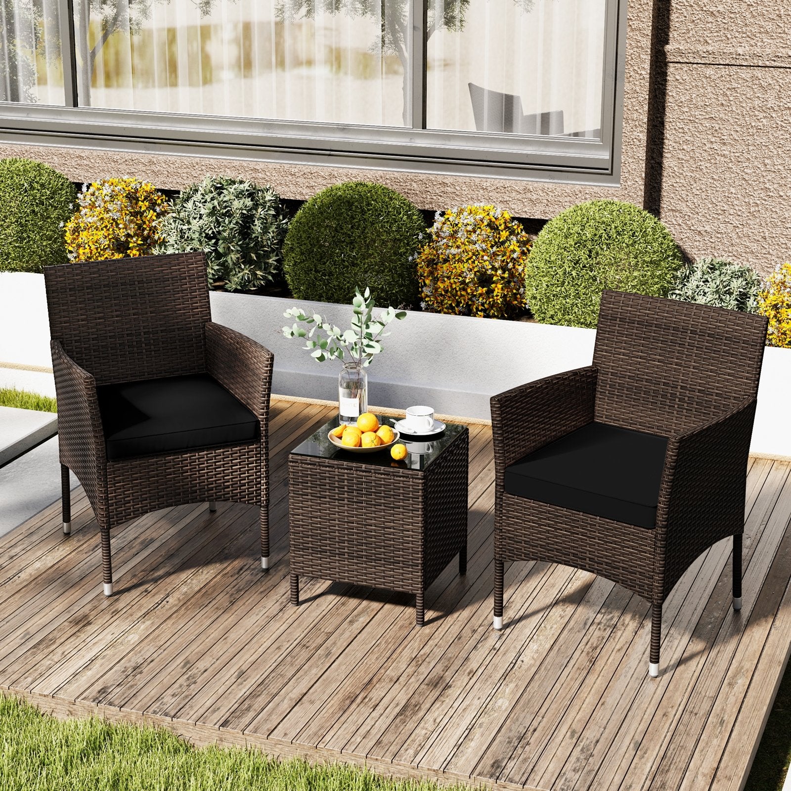 3 Pieces Outdoor Conversation Set with Cushioned Seat and Glass Tabletop, Black Patio Conversation Sets at Gallery Canada